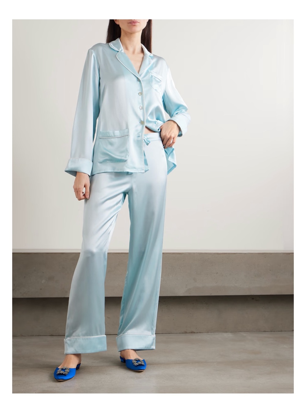 Silk Light Blue Pajama Top x Olivia von Halle Like New